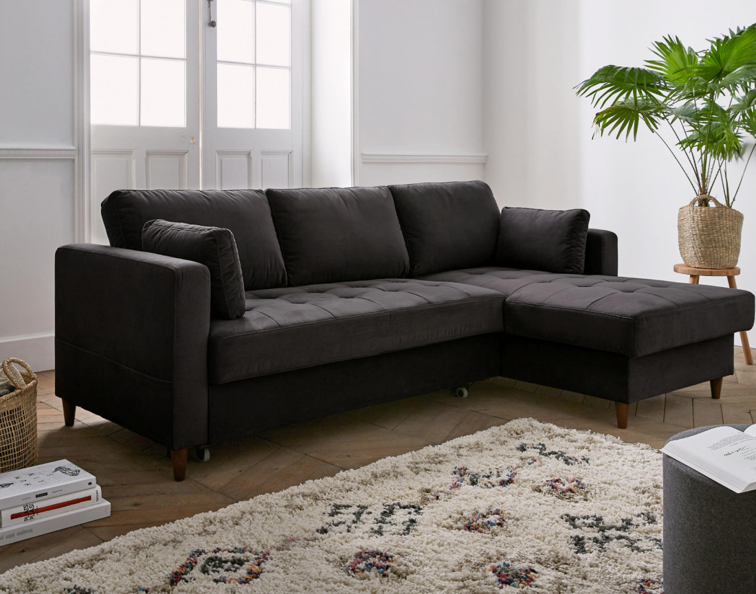 Canapé d'angle droit 4 places convertible avec coffre en velours Anna