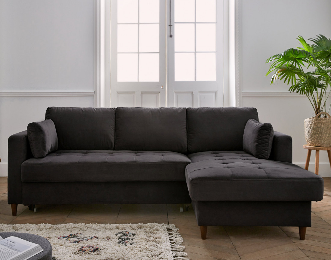 Canapé d'angle droit 4 places convertible avec coffre en velours Anna