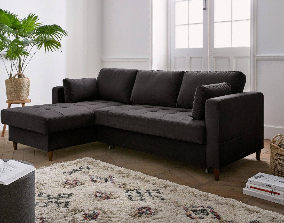 Canapé d'angle gauche 4 places convertible avec coffre en velours Anna