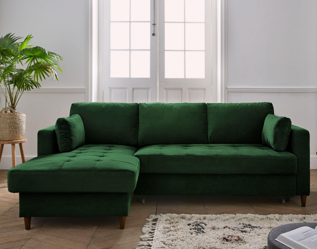 Canapé d'angle gauche 4 places convertible avec coffre en velours Anna