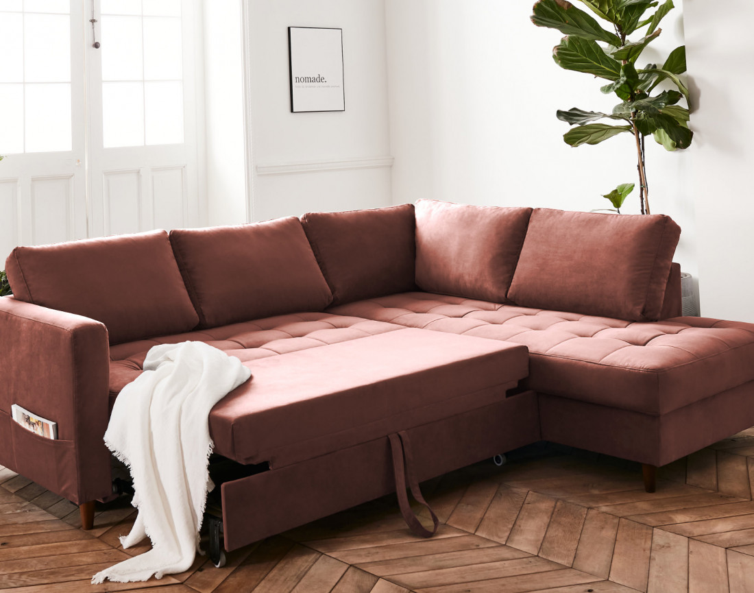 Canapé d'angle droit 5 places convertible en velours Anna Canapé d'angle droit 5 places convertible en velours Anna