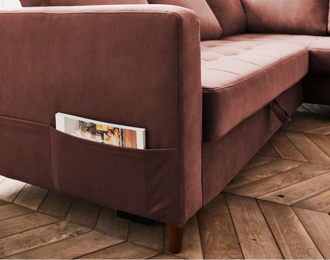 Canapé d'angle droit 5 places convertible en velours Anna Canapé d'angle droit 5 places convertible en velours Anna