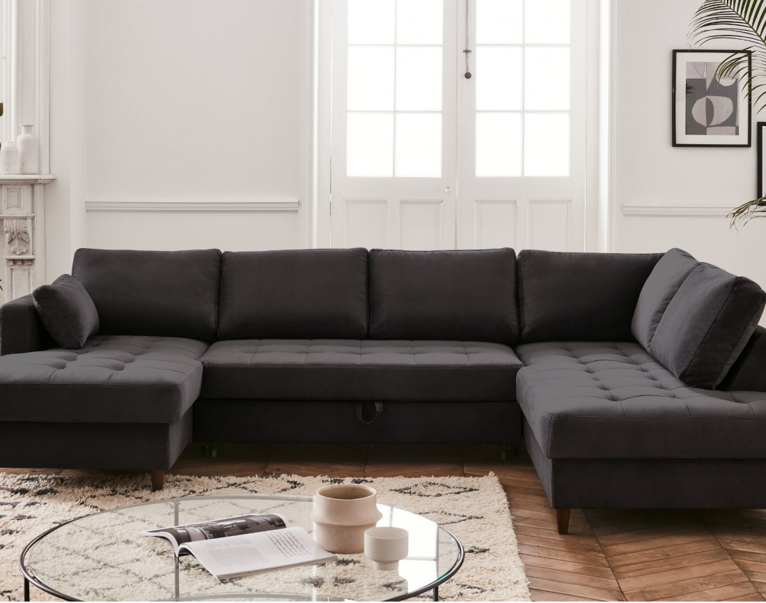 Canapé panoramique d'angle droit 7 places convertible avec coffre en velours Anna