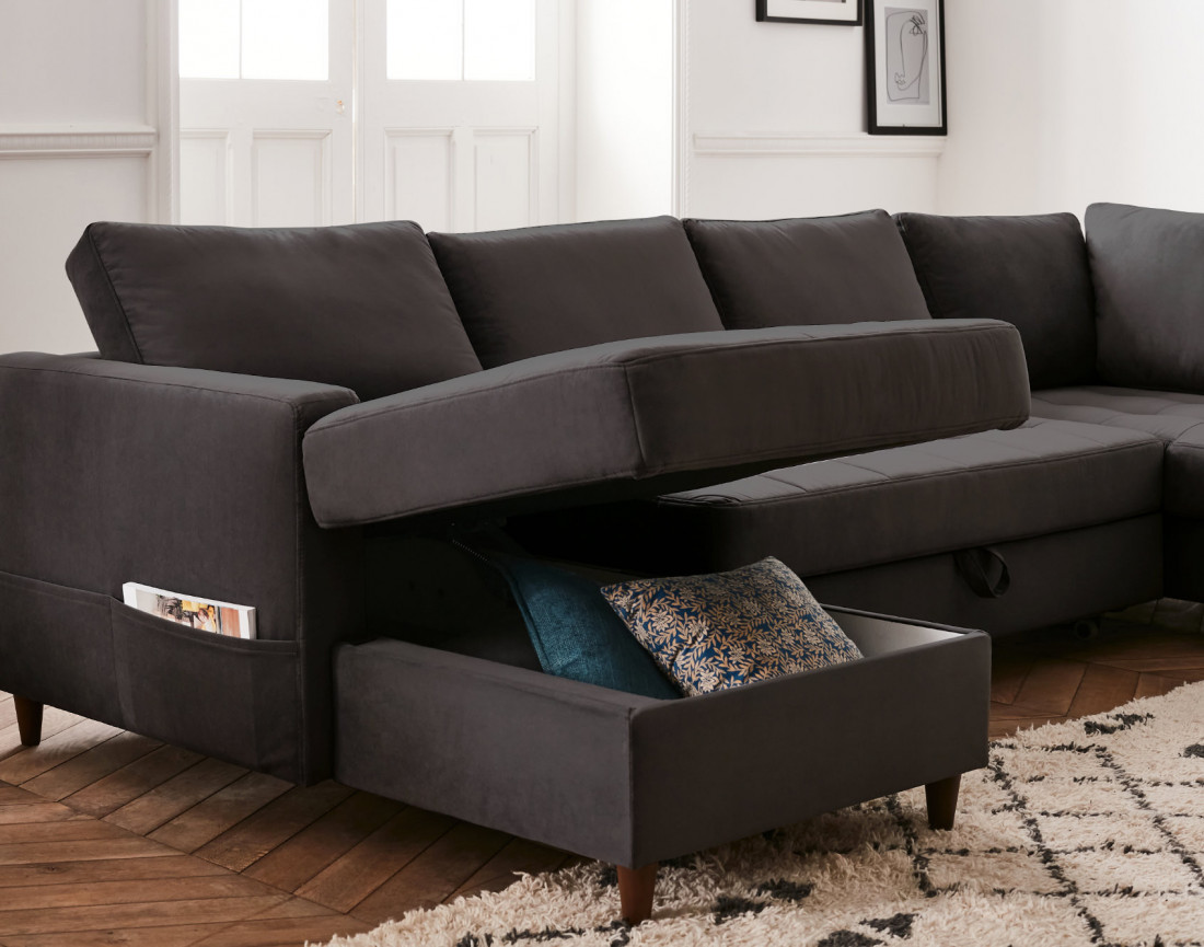 Canapé panoramique d'angle droit 7 places convertible avec coffre en velours Anna