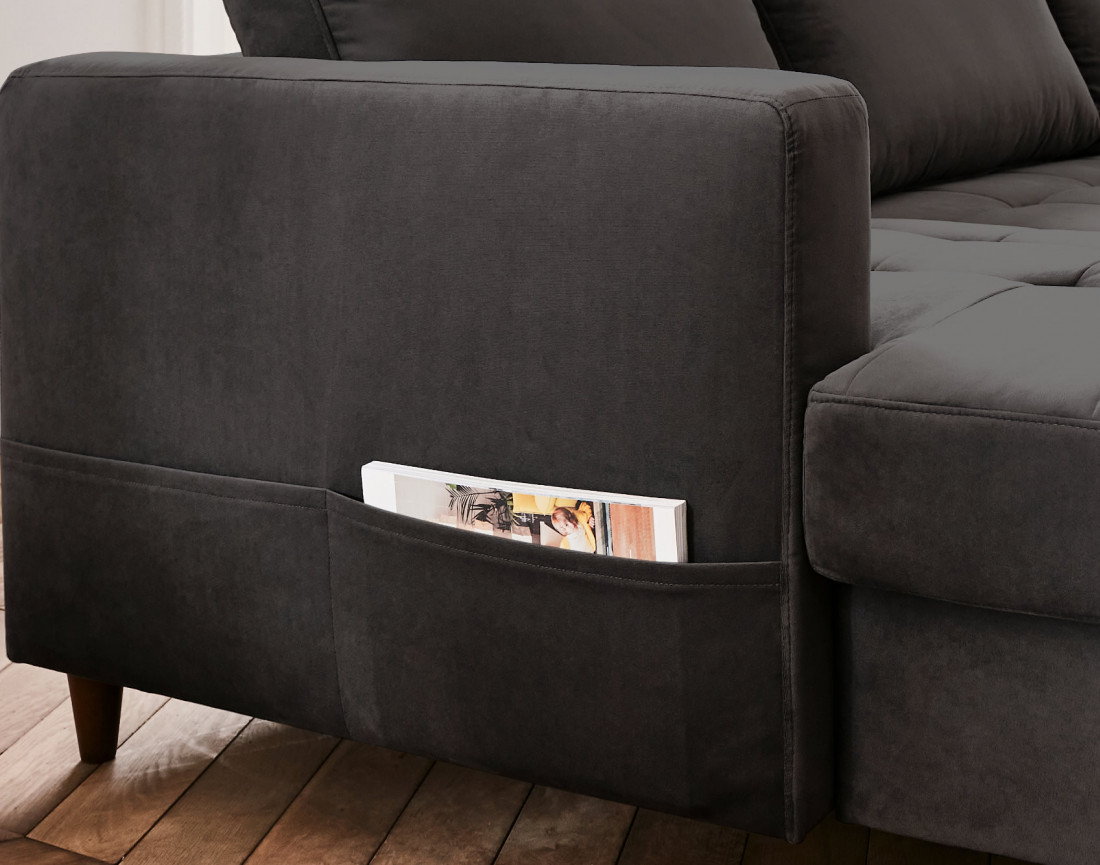 Canapé panoramique d'angle droit 7 places convertible avec coffre en velours Anna