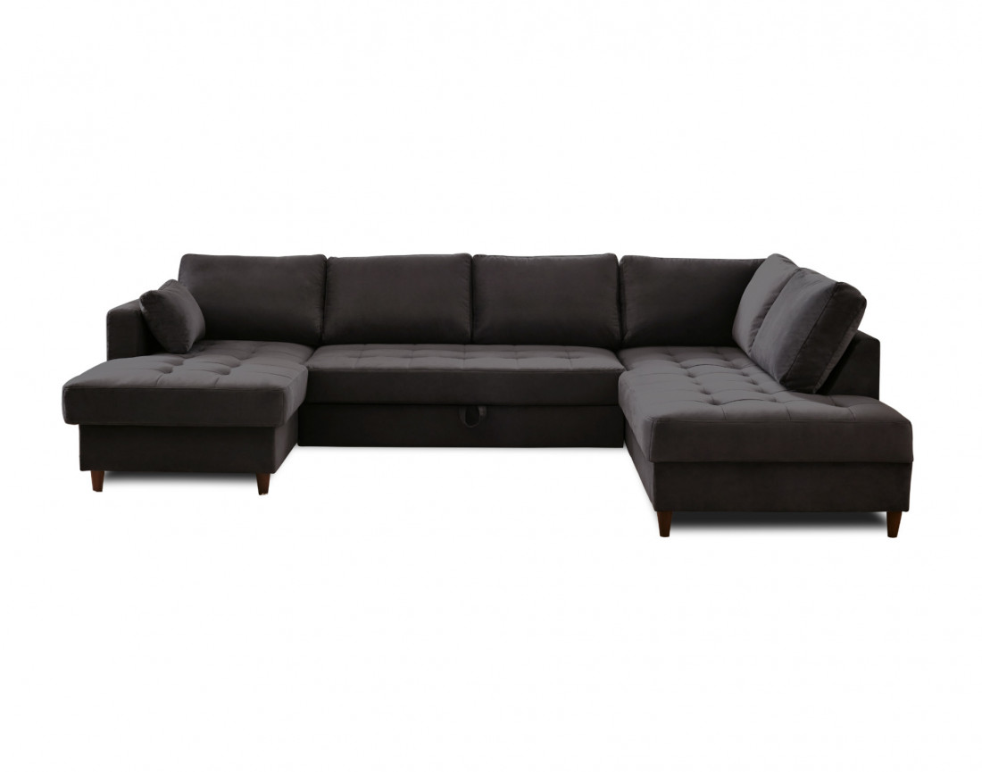 Canapé panoramique d'angle droit 7 places convertible avec coffre en velours Anna
