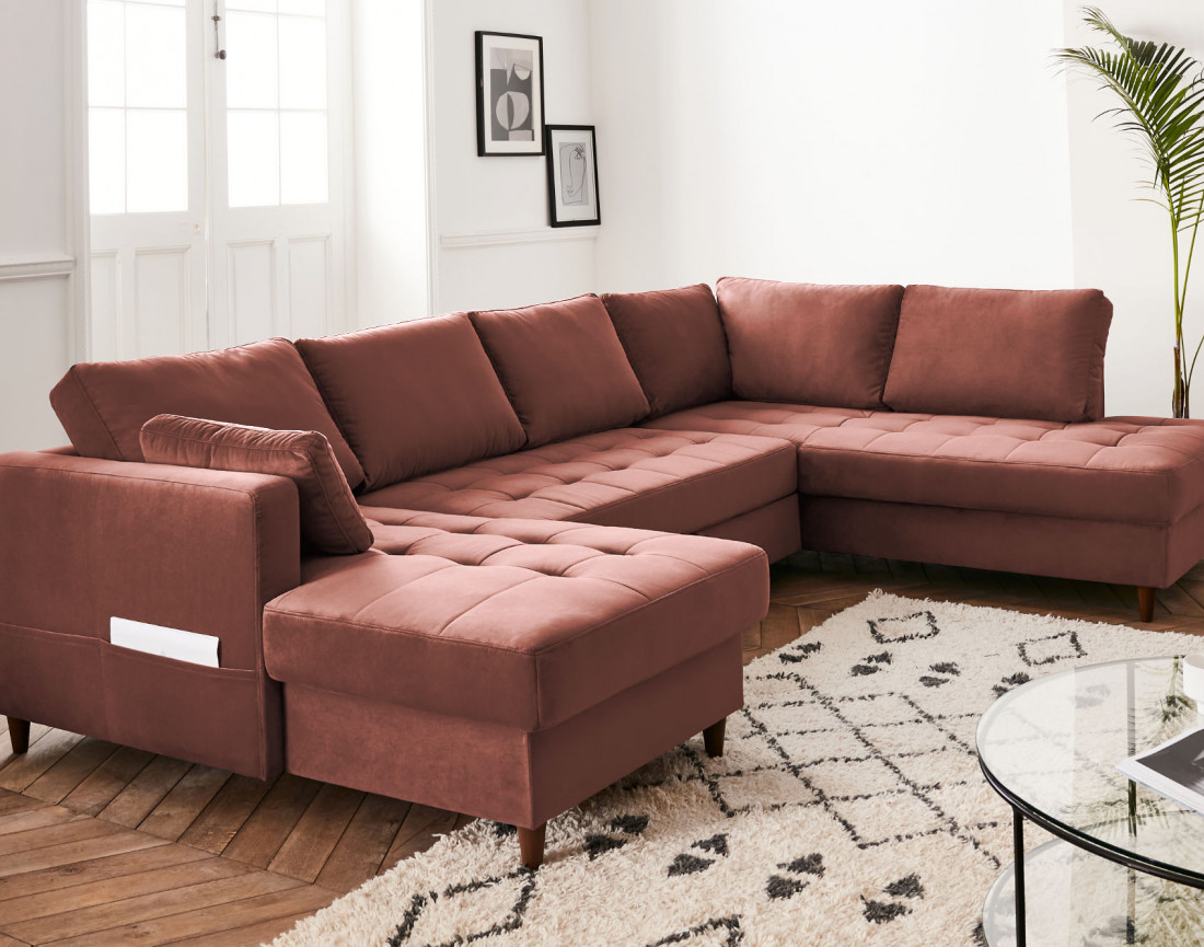 Canapé panoramique d'angle droit 7 places convertible avec coffre en velours Anna