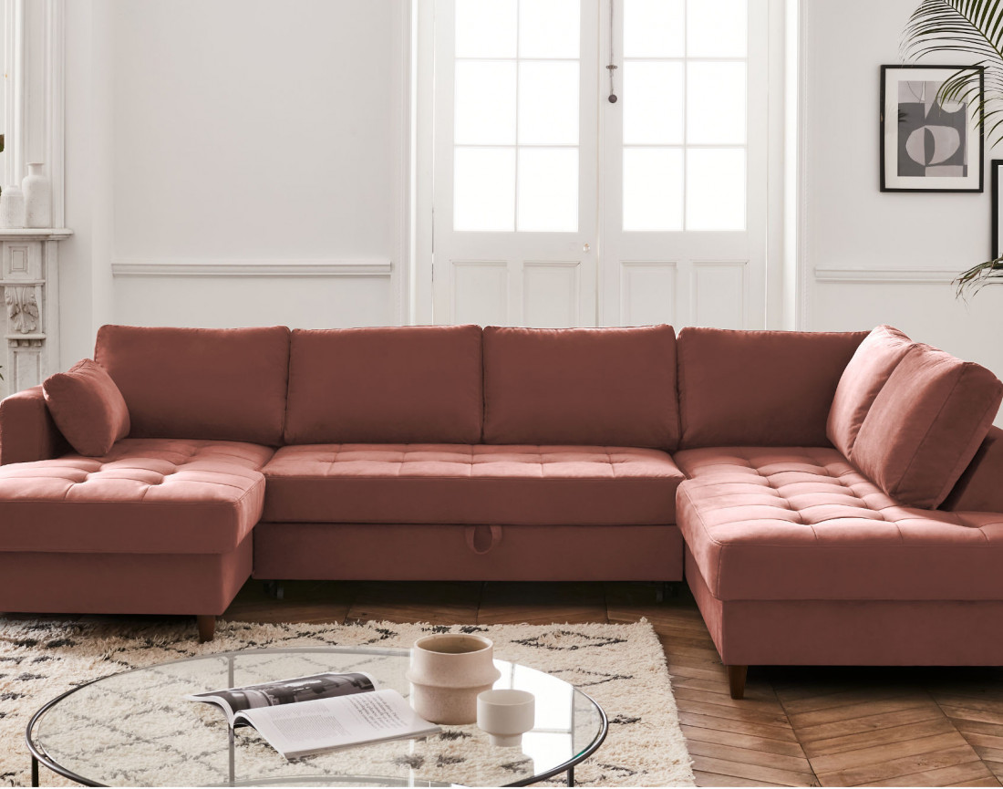 Canapé panoramique d'angle droit 7 places convertible avec coffre en velours Anna