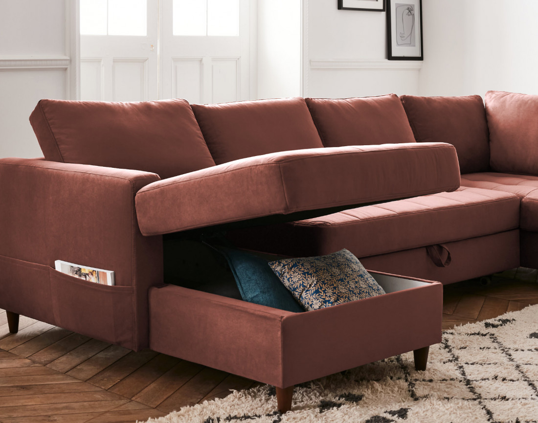 Canapé panoramique d'angle droit 7 places convertible avec coffre en velours Anna