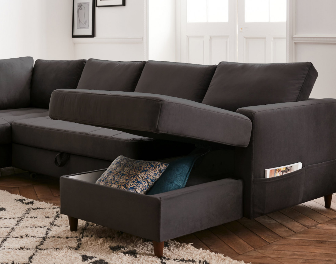Canapé panoramique d'angle gauche 7 places convertible avec coffre en velours Anna