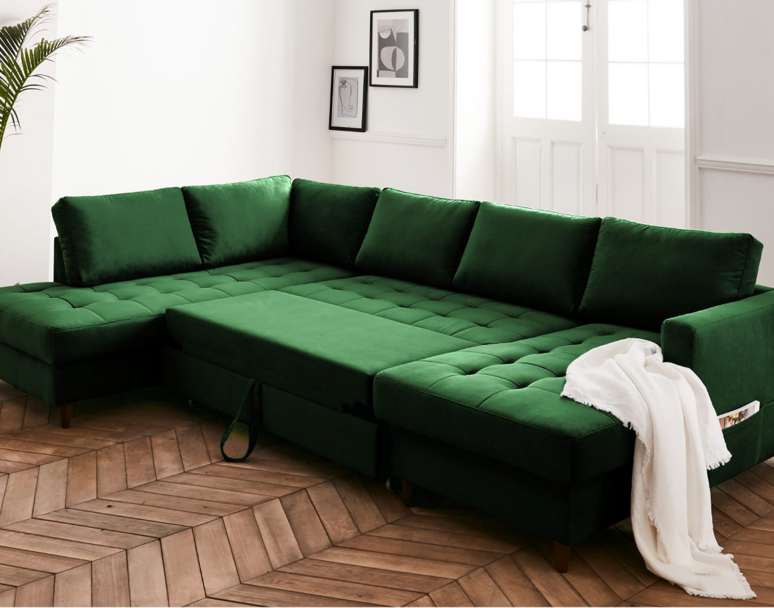 Canapé panoramique d'angle gauche 7 places convertible avec coffre en velours Anna