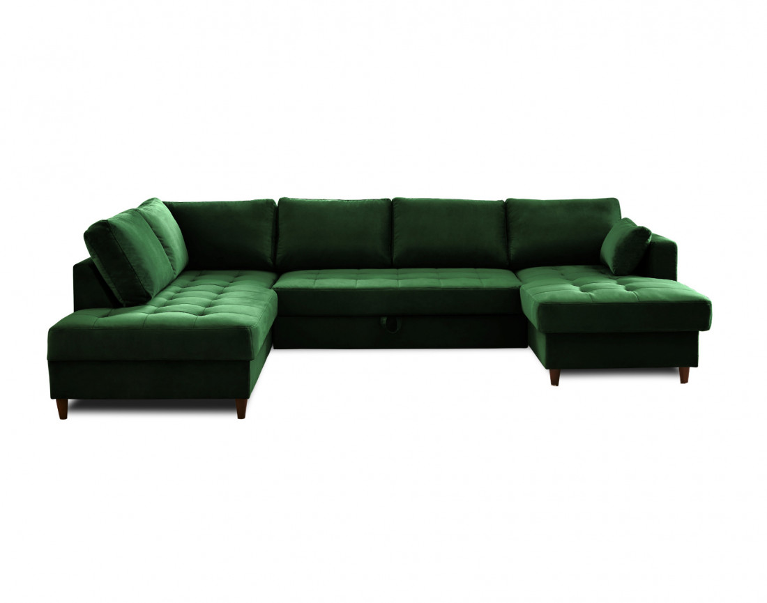 Canapé panoramique d'angle gauche 7 places convertible avec coffre en velours Anna