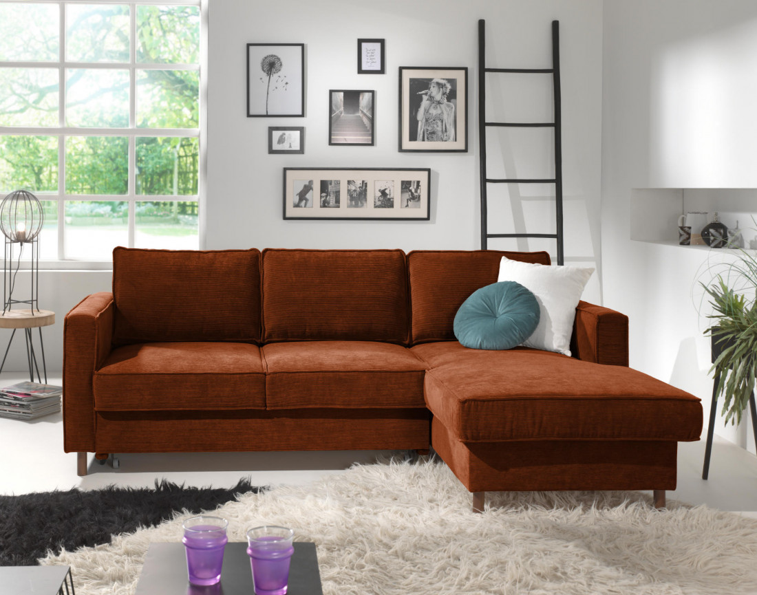 Canapé d'angle droit convertible avec coffre 4 places en velours côtelé Jake
