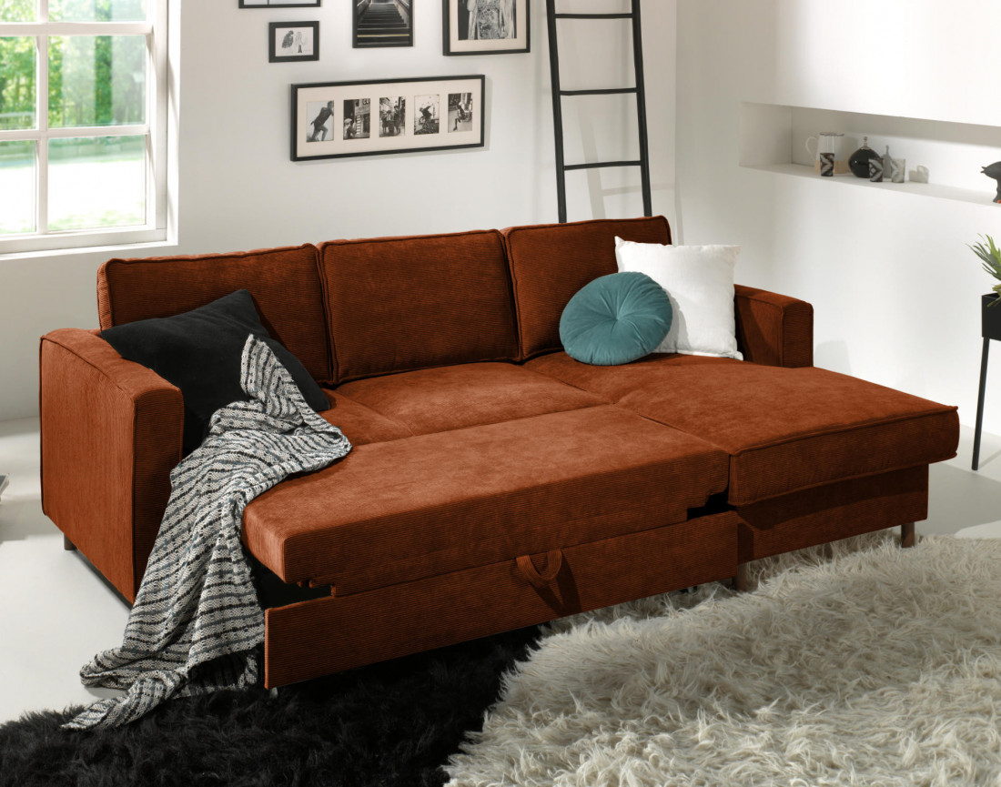 Canapé d'angle droit convertible avec coffre 4 places en velours côtelé Jake