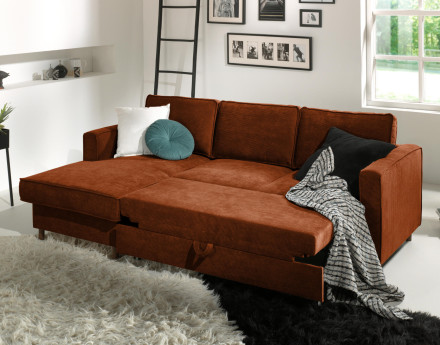 Canapé d'angle gauche convertible avec coffre 4 places en velours côtelé Jake