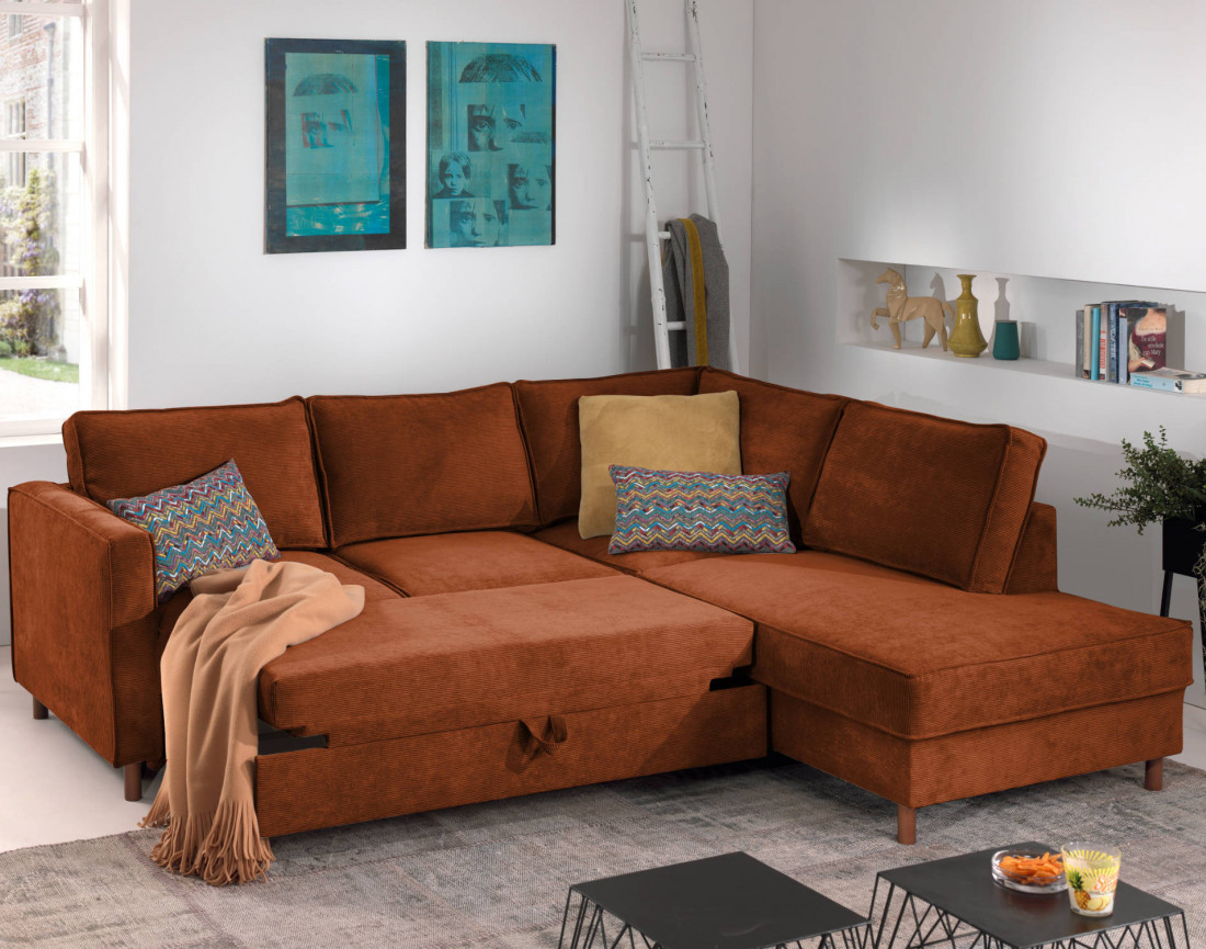 Canapé d'angle droit convertible 5 places en velours côtelé Jake