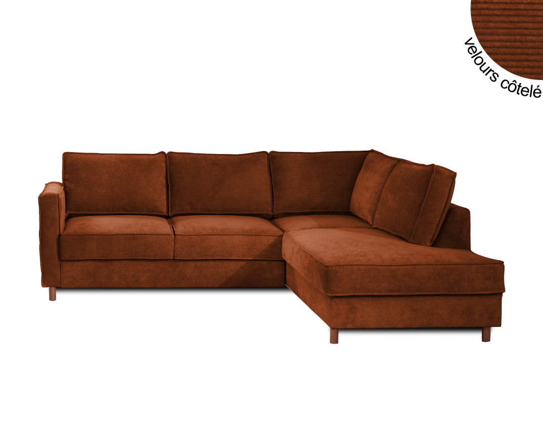 Canapé d'angle droit convertible 5 places en velours côtelé Jake