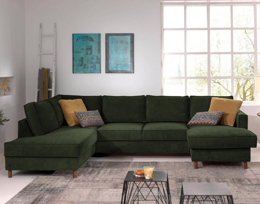 Canapé panoramique d'angle gauche convertible avec coffre 7 places en velours côtelé Jake