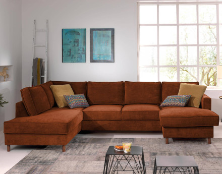 Canapé panoramique d'angle gauche convertible avec coffre 7 places en velours côtelé Jake