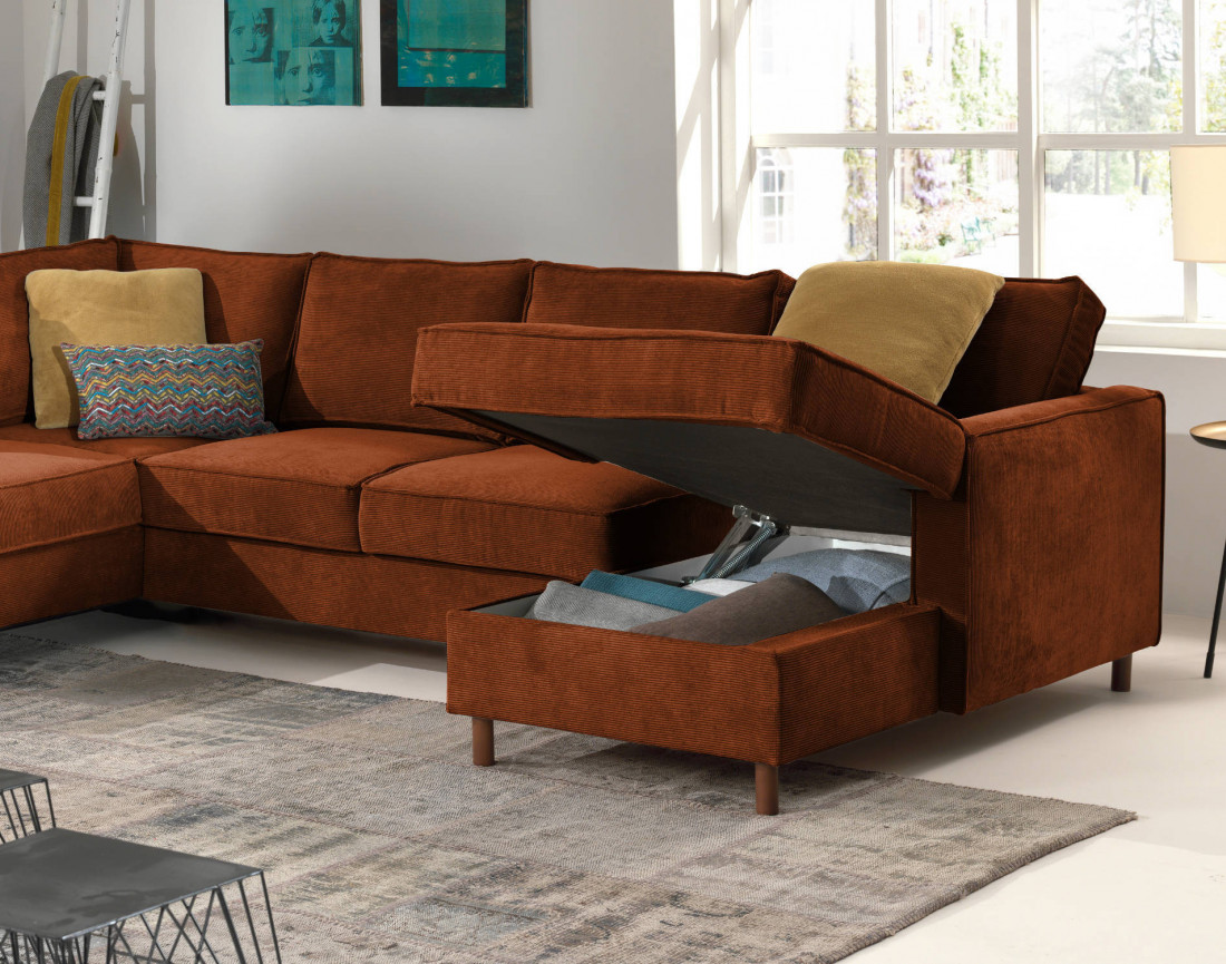 Canapé panoramique d'angle gauche convertible avec coffre 7 places en velours côtelé Jake