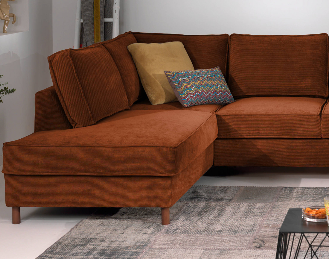 Canapé panoramique d'angle gauche convertible avec coffre 7 places en velours côtelé Jake