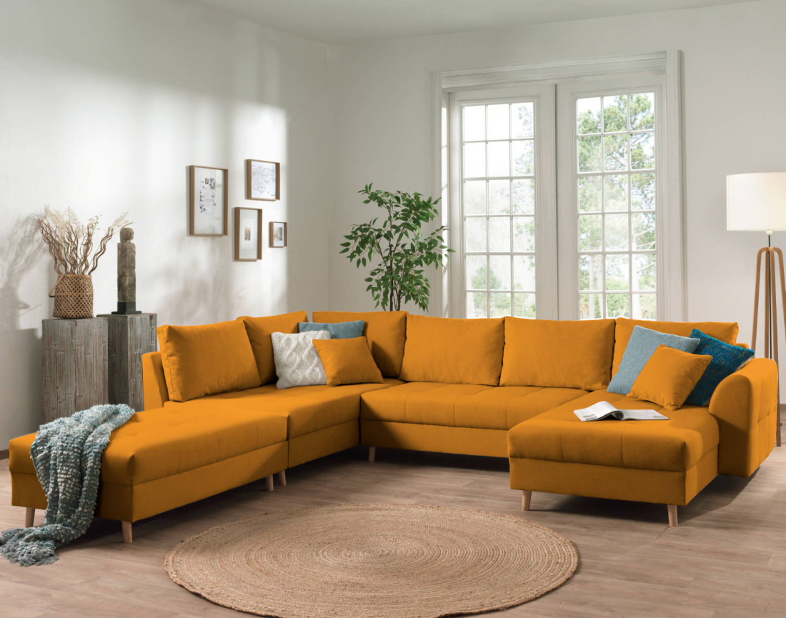 Canapé panoramique Rune 7 places avec pouf d'appoint style scandinave