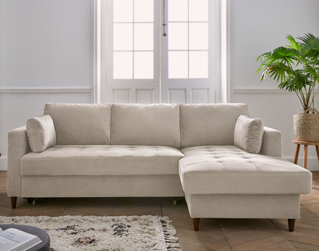 Canapé d'angle droit 4 places convertible avec coffre en velours Anna