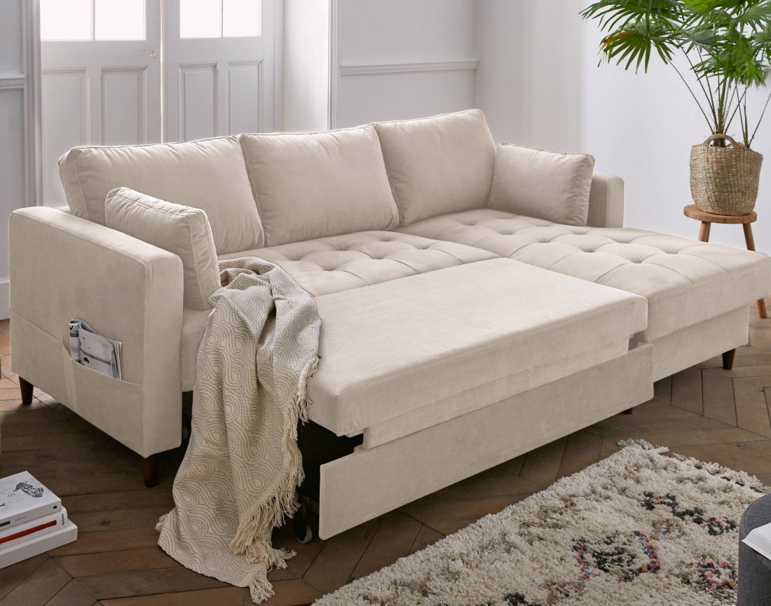 Canapé d'angle droit 4 places convertible avec coffre en velours Anna