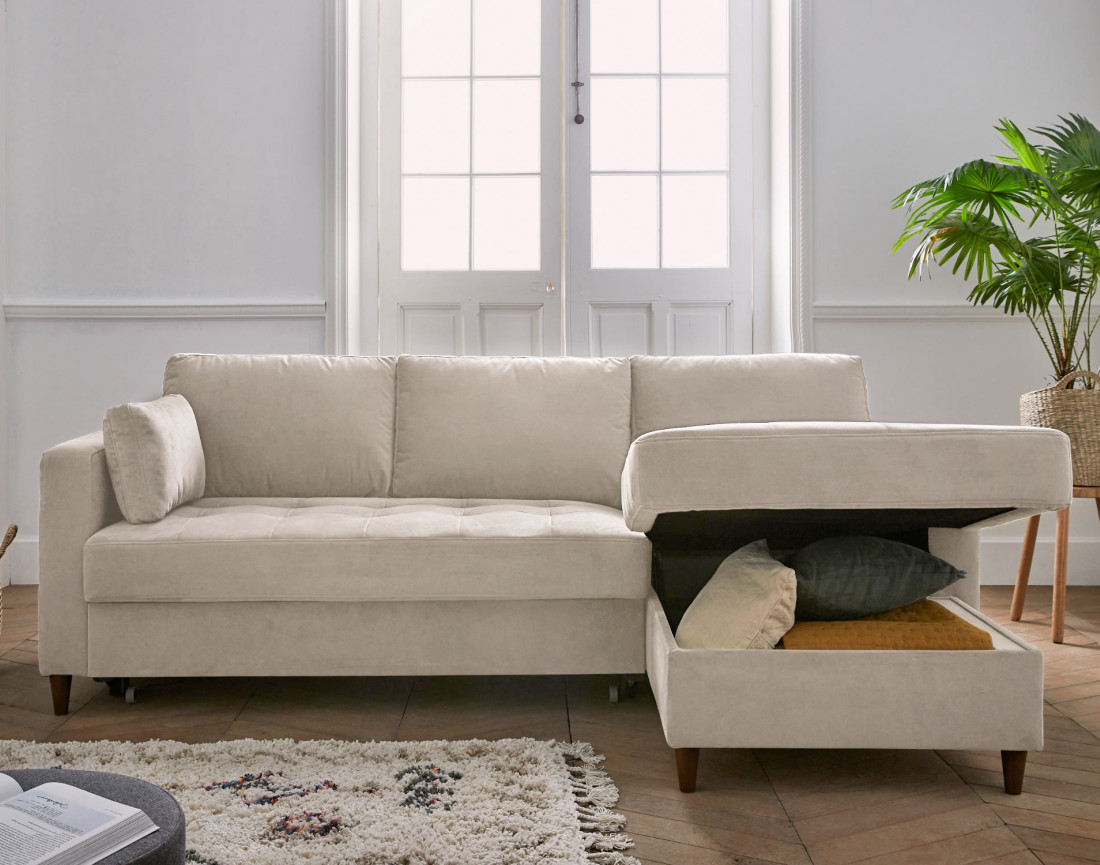 Canapé d'angle droit 4 places convertible avec coffre en velours Anna