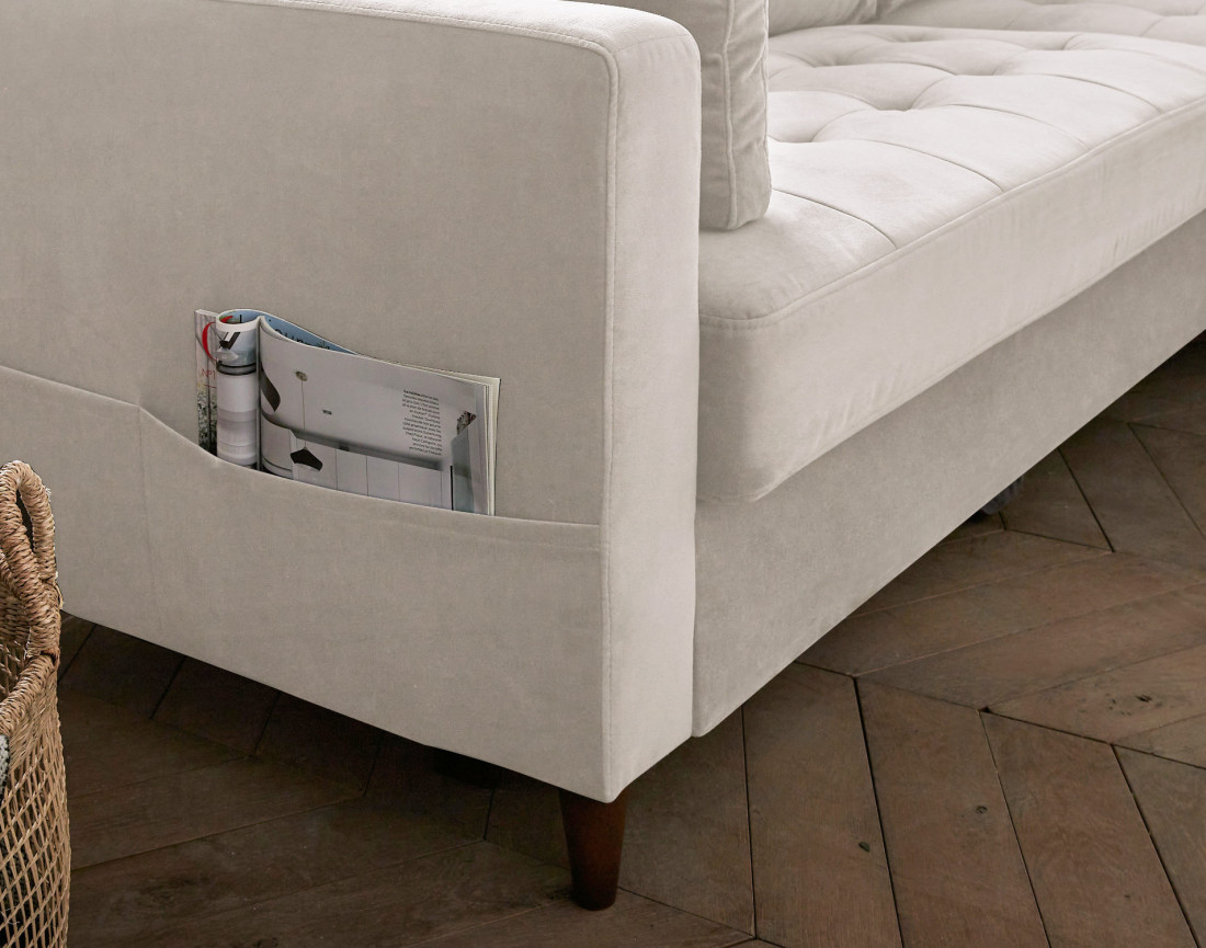 Canapé d'angle droit 4 places convertible avec coffre en velours Anna