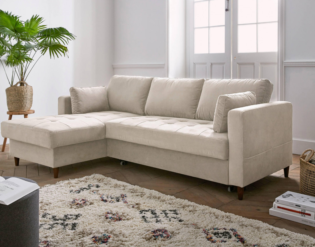 Canapé d'angle gauche 4 places convertible avec coffre en velours Anna Canapé d'angle gauche 4 places convertible avec coffre en velours Anna