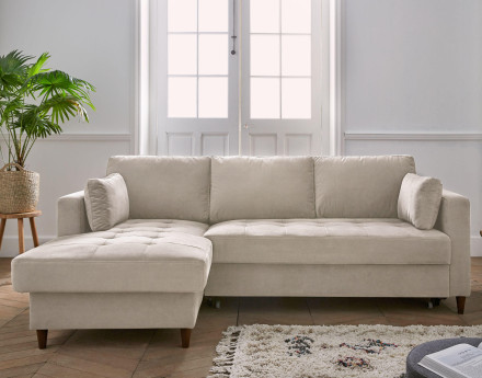 Canapé d'angle gauche 4 places convertible avec coffre en velours Anna