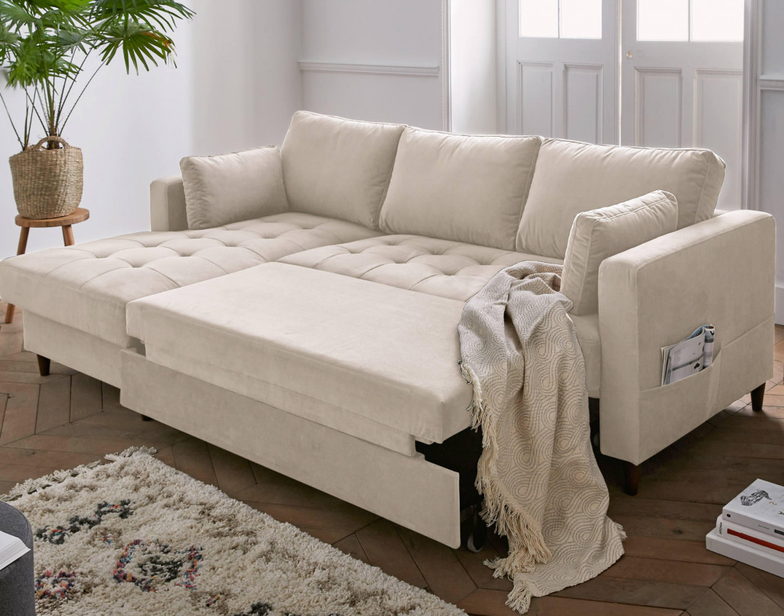 Canapé d'angle gauche 4 places convertible avec coffre en velours Anna Canapé d'angle gauche 4 places convertible avec coffre en velours Anna