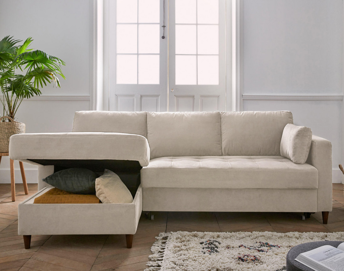 Canapé d'angle gauche 4 places convertible avec coffre en velours Anna Canapé d'angle gauche 4 places convertible avec coffre en velours Anna