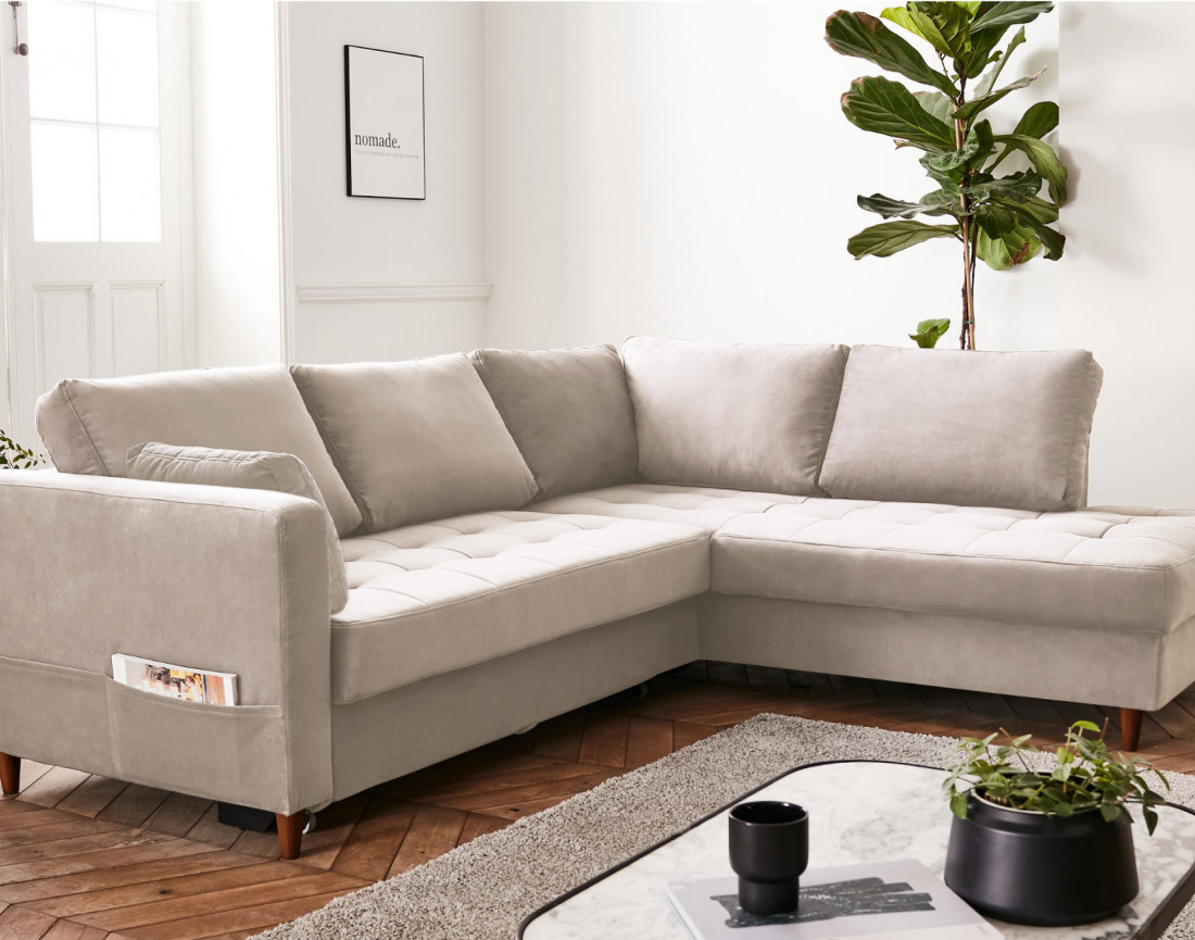 Canapé d'angle droit 5 places convertible en velours Anna Canapé d'angle droit 5 places convertible en velours Anna