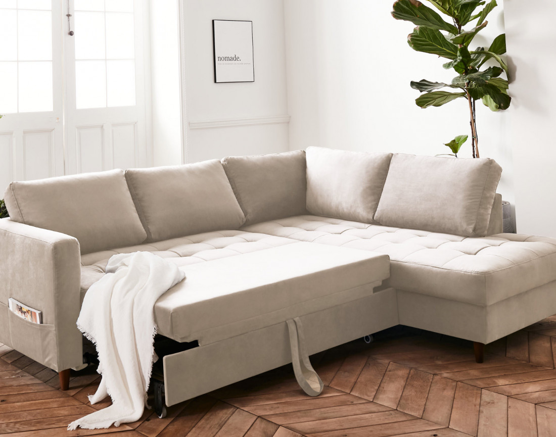 Canapé d'angle droit 5 places convertible en velours Anna Canapé d'angle droit 5 places convertible en velours Anna