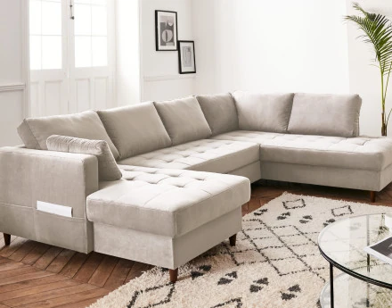 Canapé panoramique d'angle droit 7 places convertible avec coffre en velours Anna