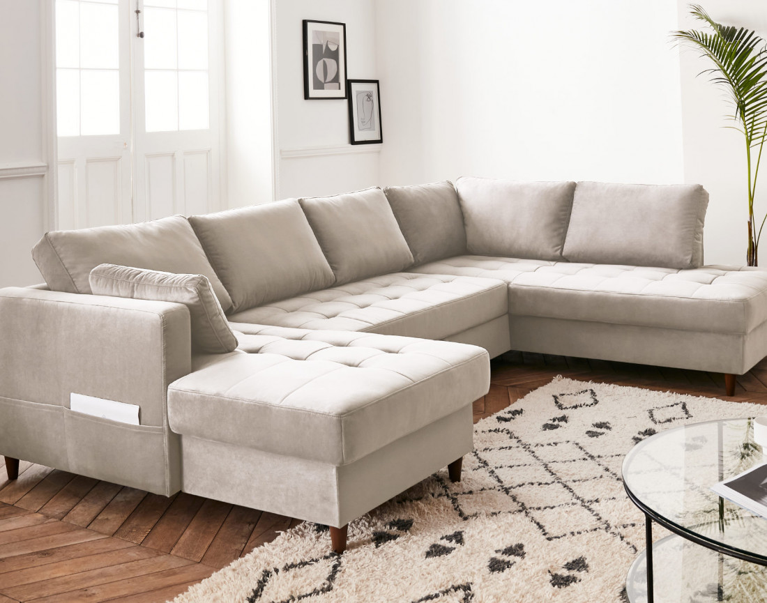 Canapé panoramique d'angle droit 7 places convertible avec coffre en velours Anna