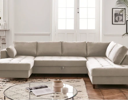 Canapé panoramique d'angle droit 7 places convertible avec coffre en velours Anna