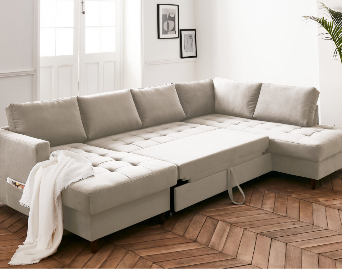 Canapé panoramique d'angle droit 7 places convertible avec coffre en velours Anna