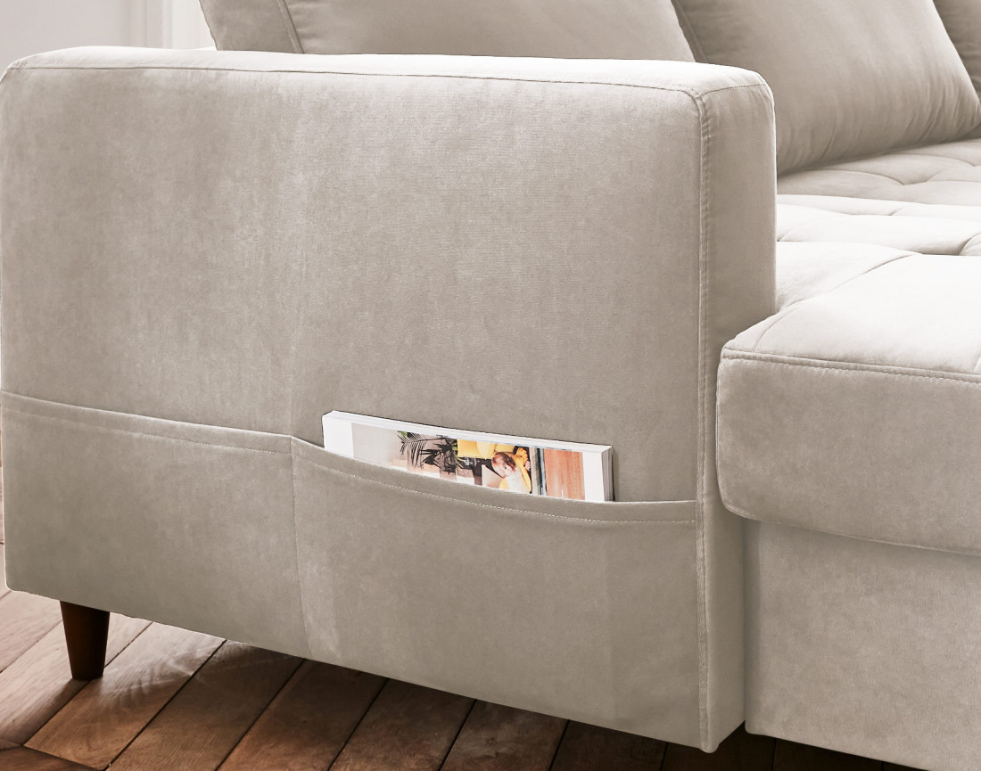 Canapé panoramique d'angle droit 7 places convertible avec coffre en velours Anna