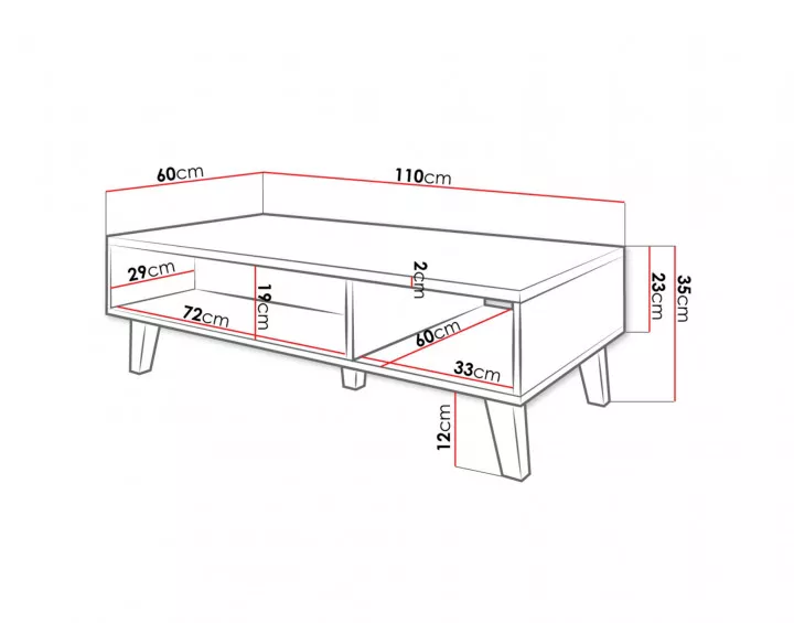 Lord – Table basse de style industriel avec deux niches de rangement et des pieds noirs (110x35x60 cm)