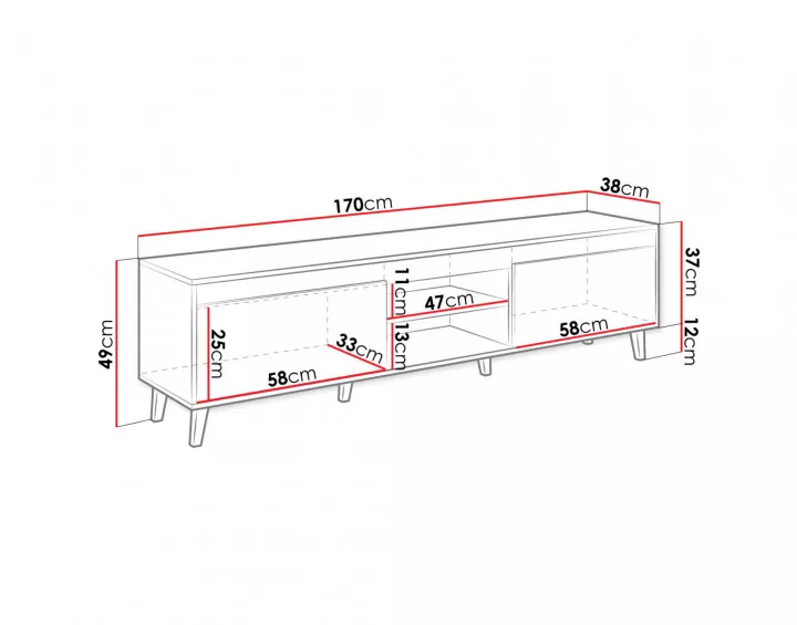 Lord II – Meuble TV de style industriel avec deux armoires de rangement et une niche avec étagère (dimensions totales de 170x49x