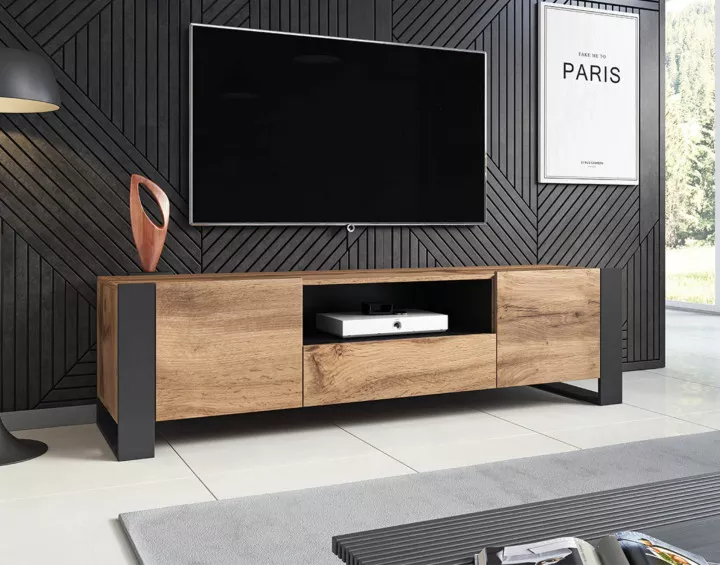 Willow – Meuble TV de style industriel avec deux armoires de rangement, un tiroir et une niche (dimensions totales de 180x48x43