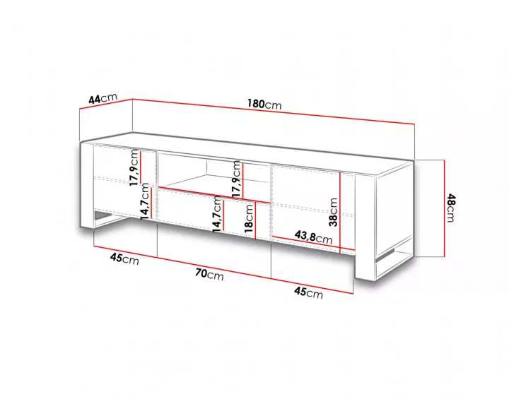 Willow – Meuble TV de style industriel avec deux armoires de rangement, un tiroir et une niche (dimensions totales de 180x48x43