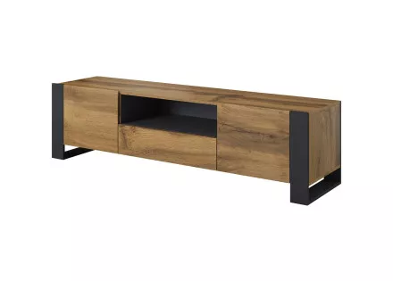 Willow – Meuble TV de style industriel avec deux armoires de rangement, un tiroir et une niche (dimensions totales de 180x48x43