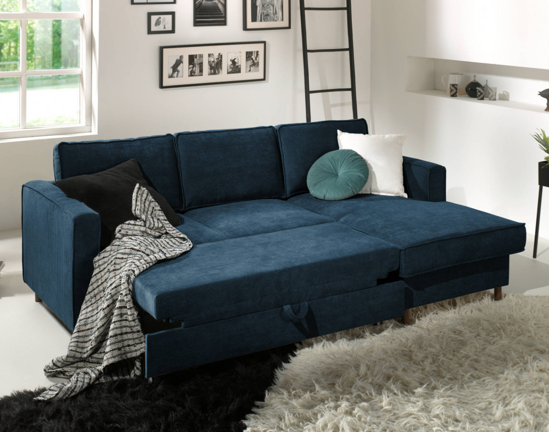 Canapé d'angle droit convertible avec coffre 4 places en velours côtelé Jake