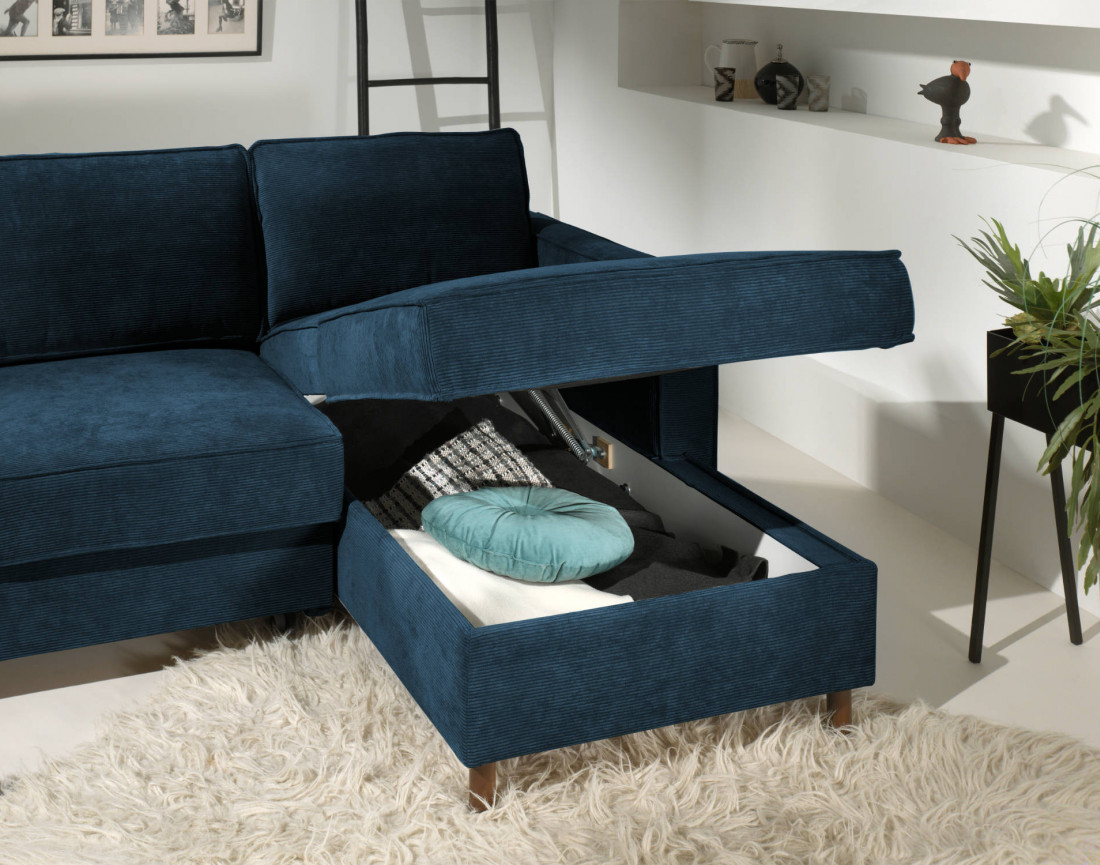 Canapé d'angle droit convertible avec coffre 4 places en velours côtelé Jake