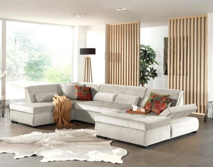 Canapé panoramique d'angle gauche 7 places XXL en velours Vermont