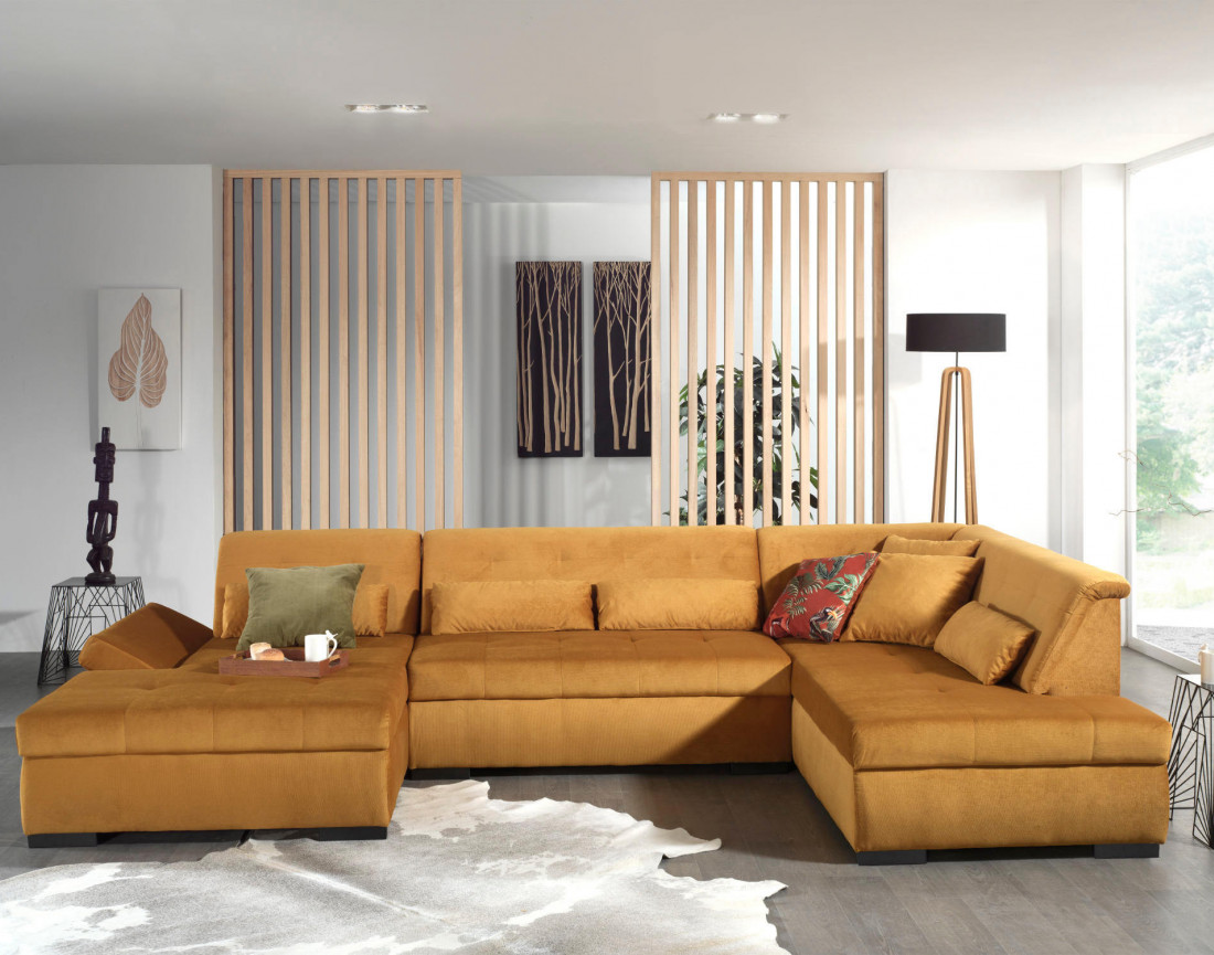 Canapé panoramique d'angle droit 7 places XXL en velours Vermont